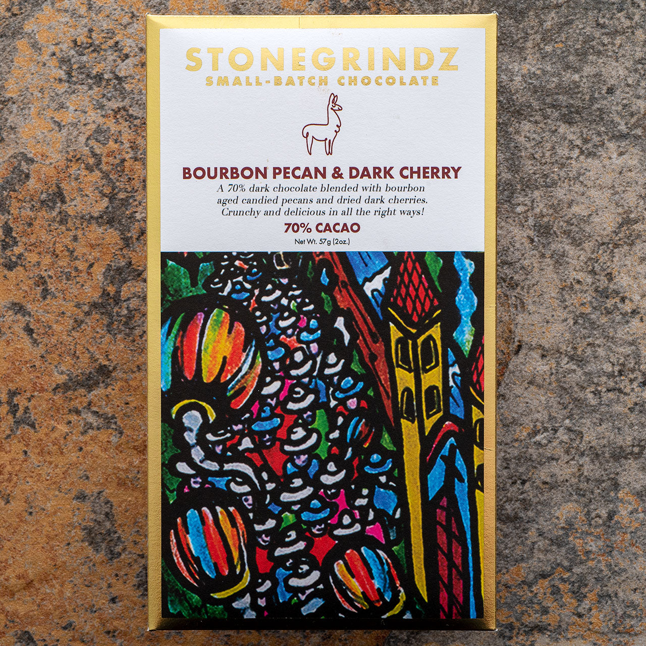 Stonegrindz Bourbon Pecan and Cherry 70-Percent Dark Chocolate Bar
