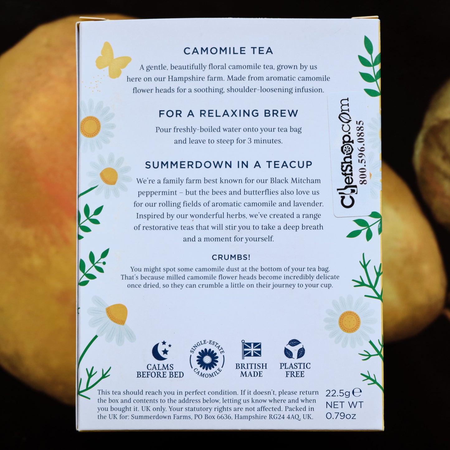 Summerdown Camomile Tea  back of box on pear background
