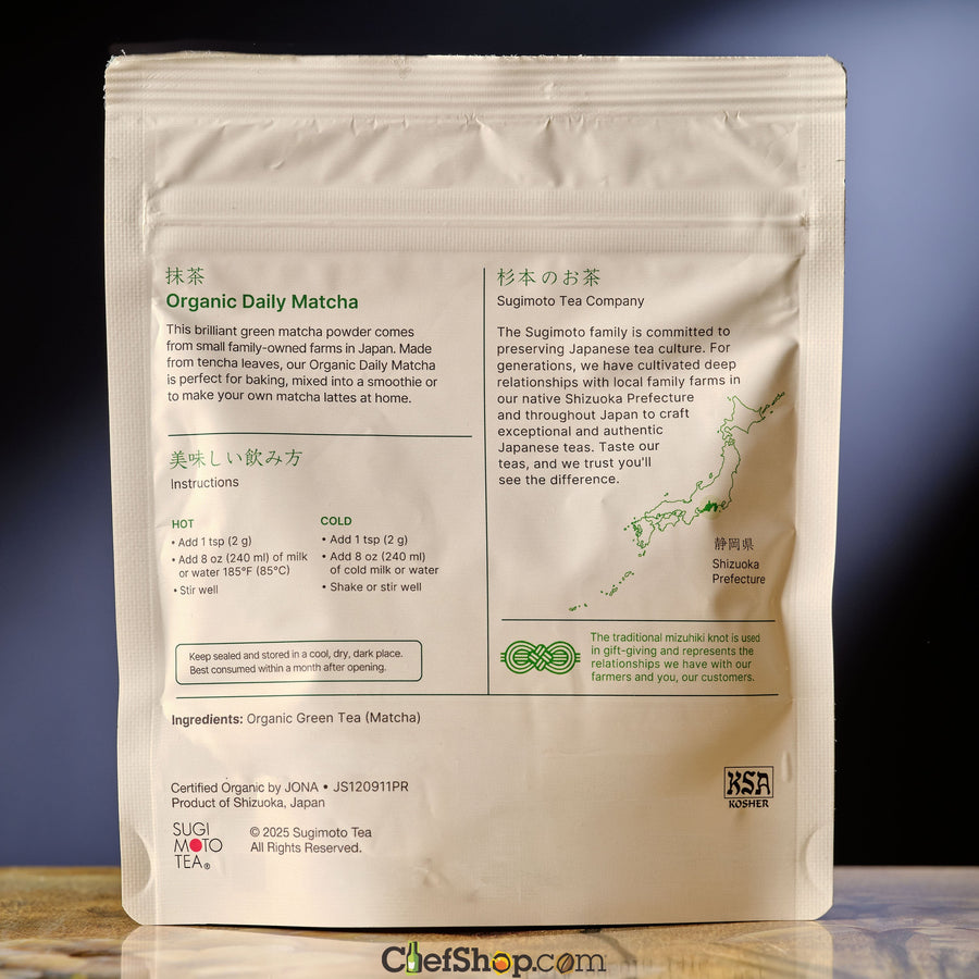 Package of Organic Daily Matcha with text and branding on a reflective surface.