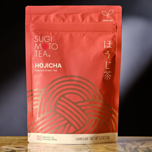 Sugimoto Tea Hojicha package on a dark background