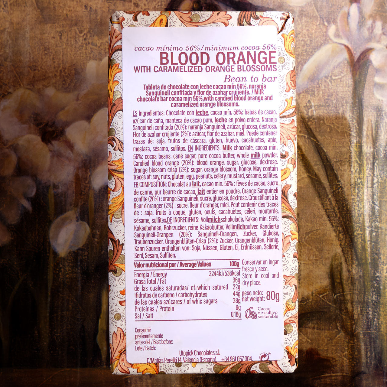 Utopick Candied Blood Orange with Caramelized Orange Blossoms 56% Milk Chocolate Bar