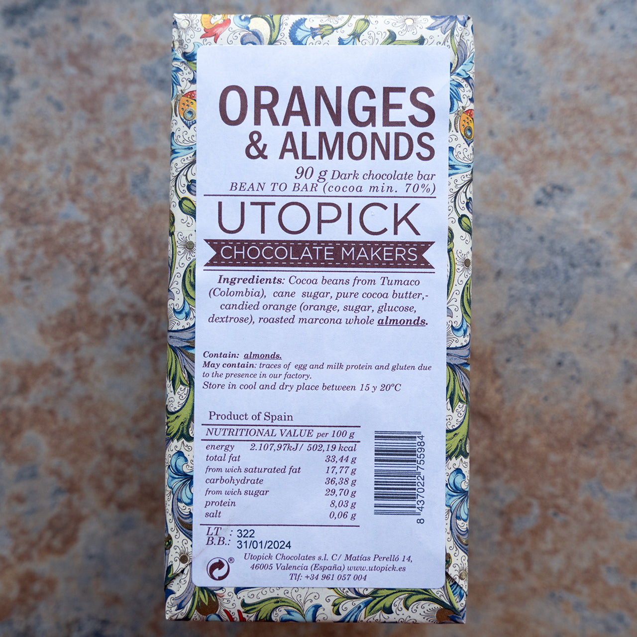 Utopick Candied Orange and Roasted Marcona Almond 70-Percent Dark Chocolate Bar