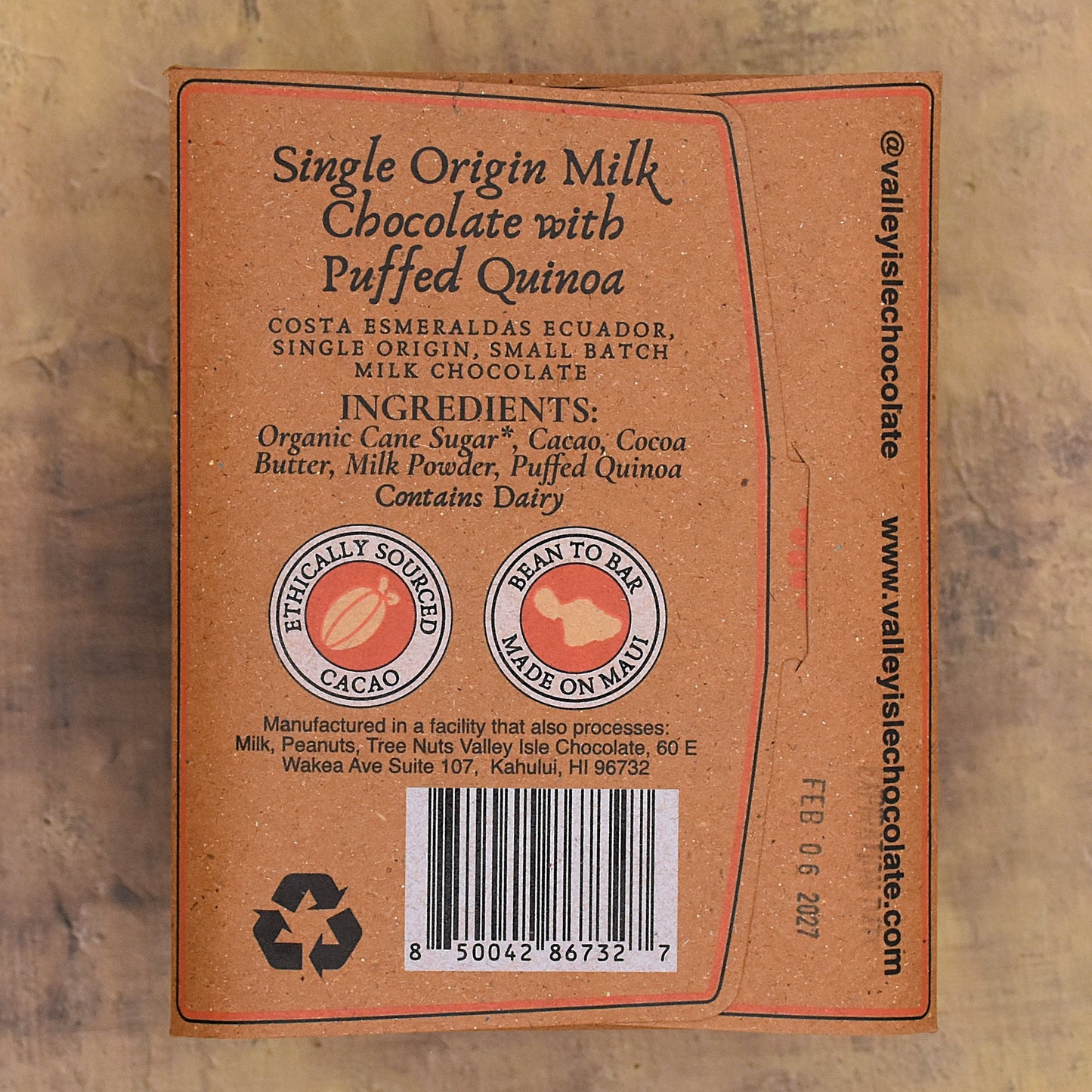 Valley Isle Aloha Crunch Milk Chocolate Bar with Puffed Quinoa