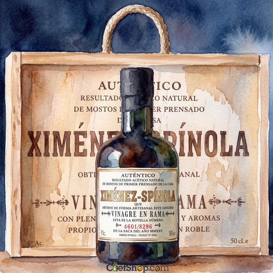 A watercolor-style product image showing a dark glass bottle labeled Ximenez-Spinaola placed in front of a large vintage-style wooden crate with Spanish text. No person, animal, or real environment is present, so this is Product/Packaging rather than Lifestyle.