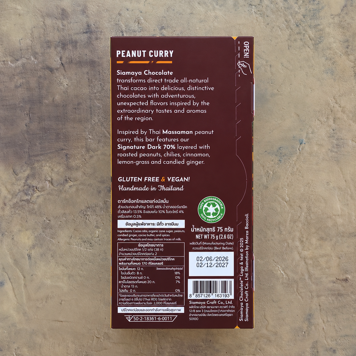 Siamaya Thai Peanut Curry 70% Dark Chocolate Bar