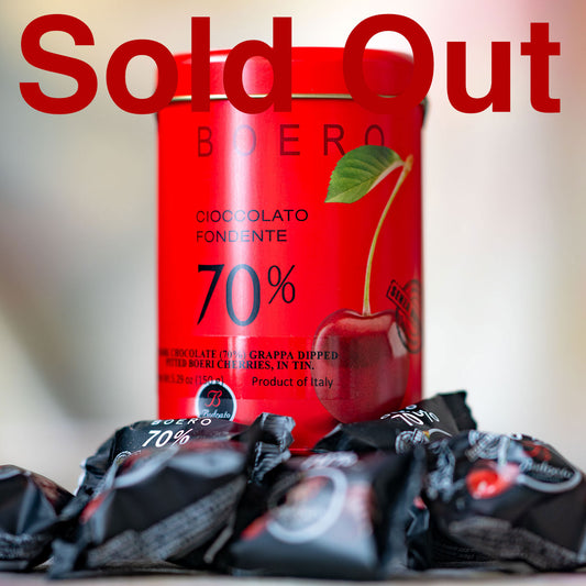 Bodrato 70% Dark Chocolate Grappa Dipped Boeri Cherries in Red Tin